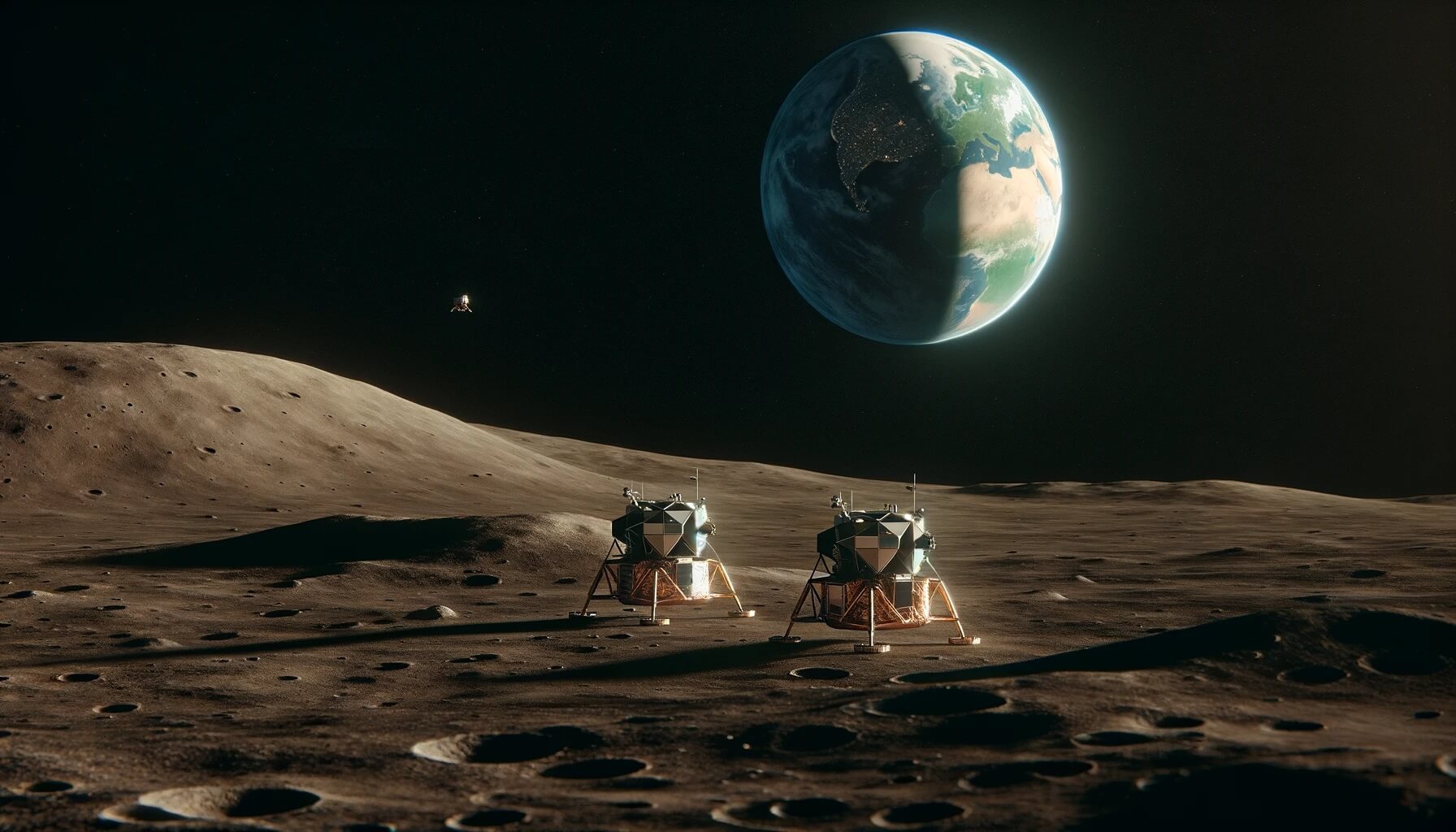 2024 Hayadan   DALL·E 2023 12 31 20.47.47 A Scene On The Moons Surface Showing A Few Conventional Lunar Landers Similar To Those Used In Historical Moon Missions. The Landers Are Set Against 