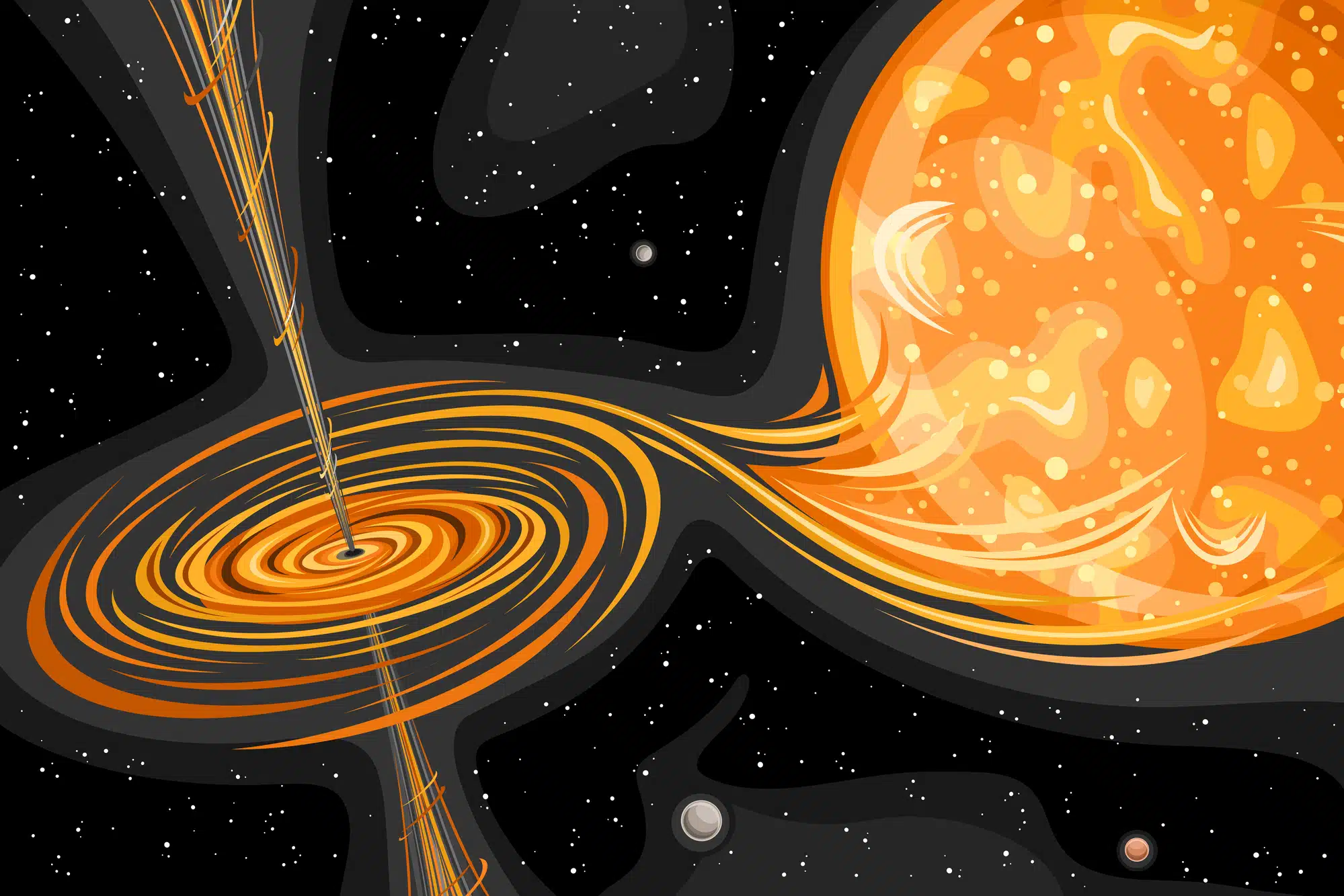 חור שחור מושך אל תוכו חומר, האפשרויות הן שהחומר יותז בחזרה לחלל או שיפול לתוך אופק האירועים.  <a href="https://depositphotos.com. ">המחשה: depositphotos.com</a>