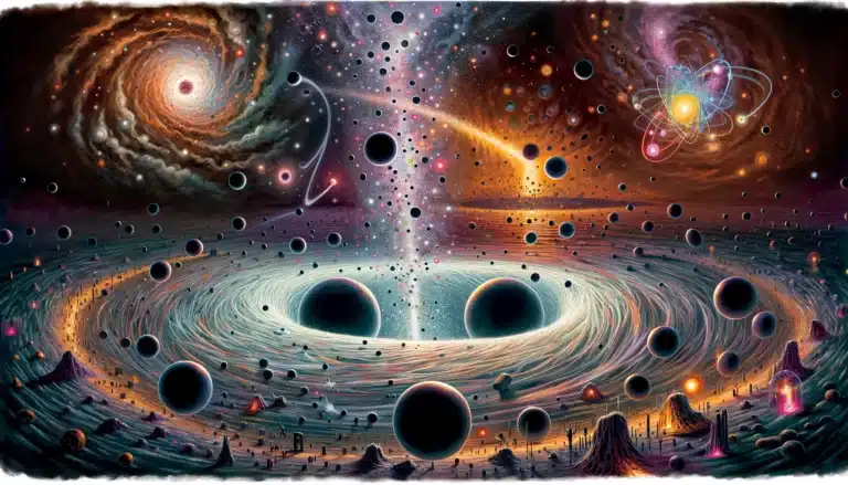 היקום הקדום מיד לאחר המפץ הגדול, עם רקע כאוטי של אנרגיה וחלקיקים. חורים שחורים קטנים וצפופים, חלקם בגודל אטום, מפוזרים ברחבי התמונה. חורים שחורים אלה מתוארים עם הילה של "מטען צבע", המסמלת את התכונה הייחודית של קווארקים וגלואונים. סביב החורים השחורים נמצא נוף קוסמי של פלזמת קווארק-גלואון, עם רמזים להתחלת היווצרות פרוטונים וניוטרונים. התמונה הוכנה באמצעות DALEE ואינה מהווה תמונה מדעית