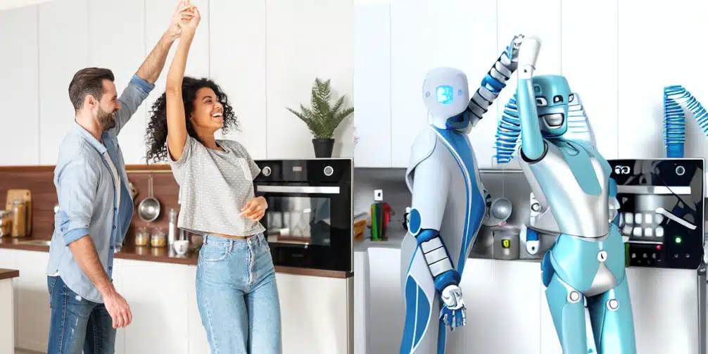 משמאל – תמונה של זוג במטבח, מימין – צילום שיצר המודל הממוחשב לאחר שהוצג לו הצילום המקורי בצירוף ההנחיה: "שני רובוטים רוקדים במטבח"

